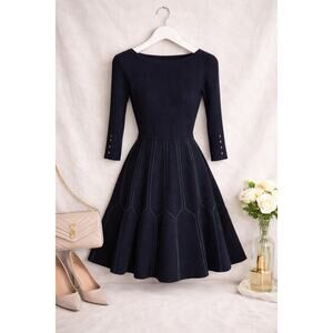 Sandro Lacivert Mini Elbise Navy Knit Fit & Flare Dress XS Paris Designer XS